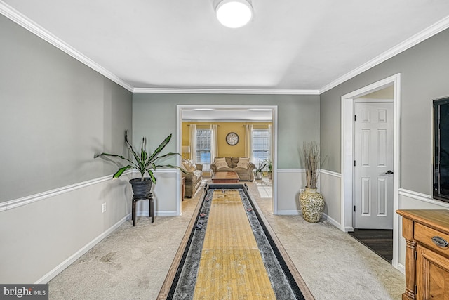 rec room with dark colored carpet and crown molding