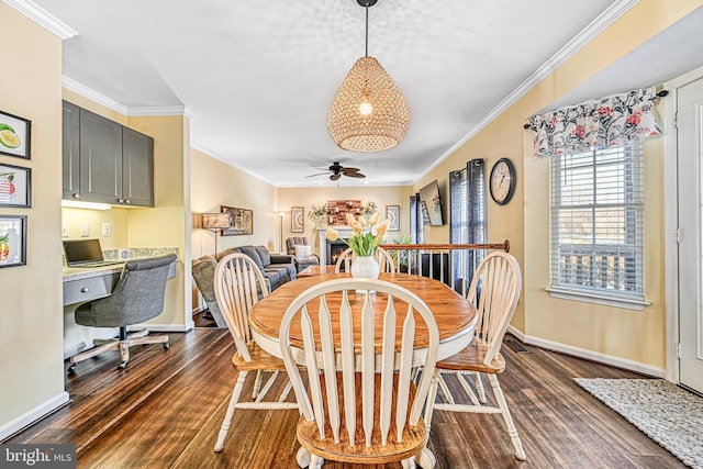 dining area with dark wood-type flooring, ceiling fan, ornamental molding, and built in desk