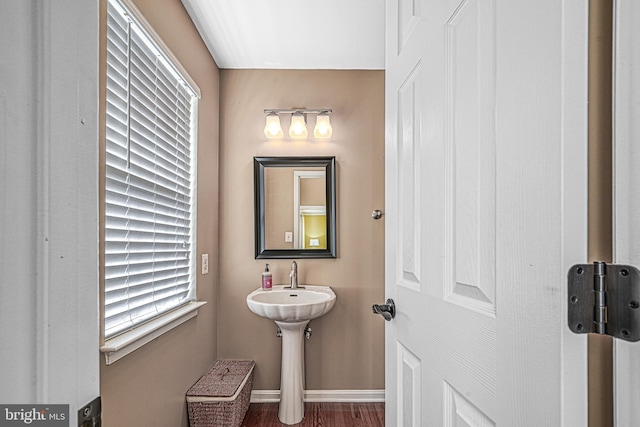 bathroom with hardwood / wood-style flooring and sink