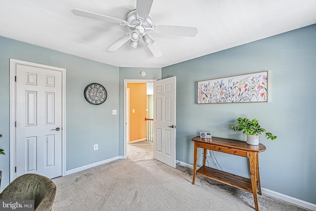 carpeted bedroom featuring ceiling fan