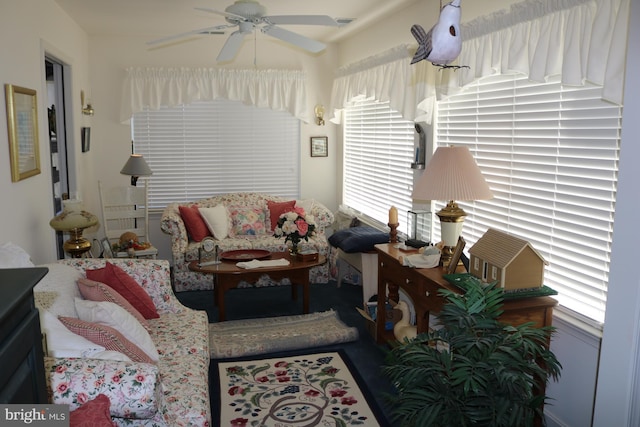 living room with ceiling fan