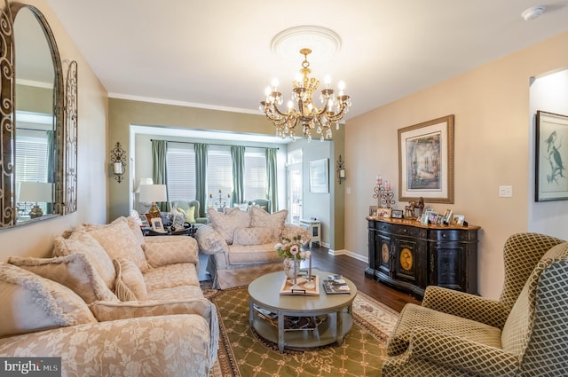 living room featuring an inviting chandelier and dark hardwood / wood-style floors