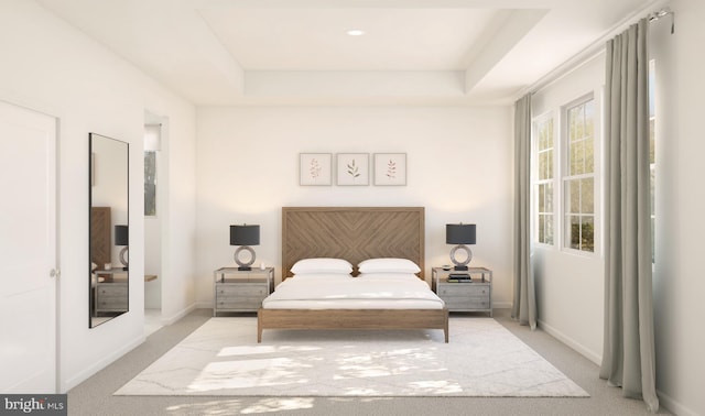 bedroom with a tray ceiling and light carpet