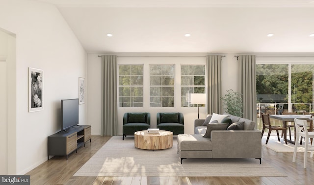 living room featuring vaulted ceiling, a wealth of natural light, and light hardwood / wood-style flooring