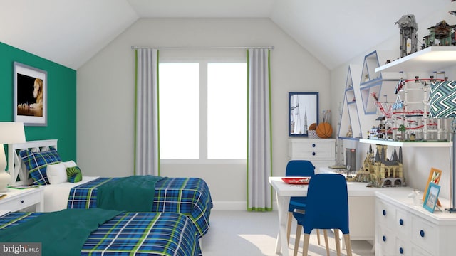 carpeted bedroom featuring lofted ceiling