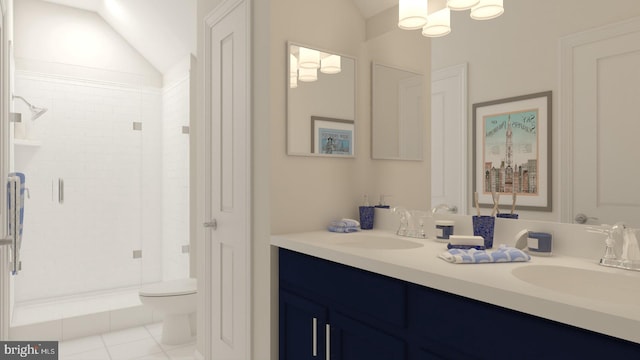 bathroom with vanity, lofted ceiling, an enclosed shower, and toilet