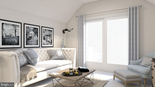 living room featuring carpet floors and vaulted ceiling