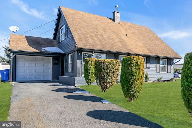 view of front of property with a garage and a front lawn