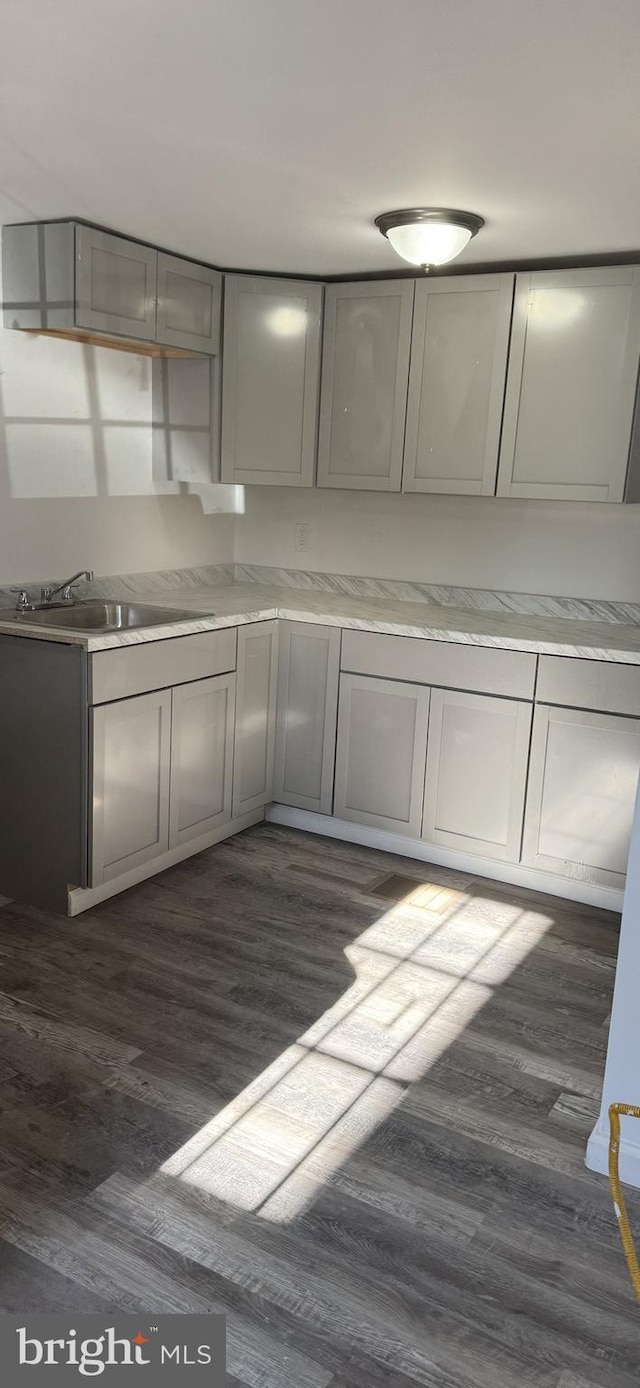 kitchen featuring gray cabinetry, sink, and dark hardwood / wood-style floors