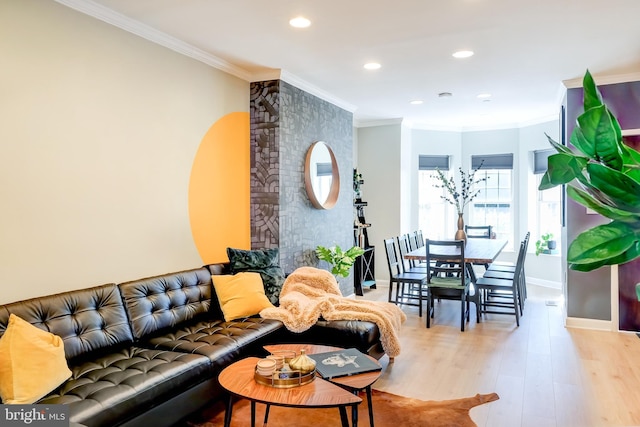 living room featuring ornamental molding and light hardwood / wood-style flooring