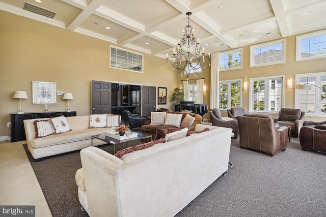 tiled living room with beamed ceiling, a notable chandelier, coffered ceiling, and a high ceiling