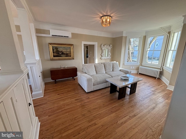 living room featuring hardwood / wood-style flooring, a wall mounted AC, crown molding, and radiator