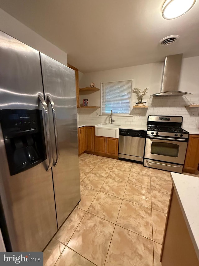 kitchen featuring tasteful backsplash, sink, ventilation hood, and stainless steel appliances