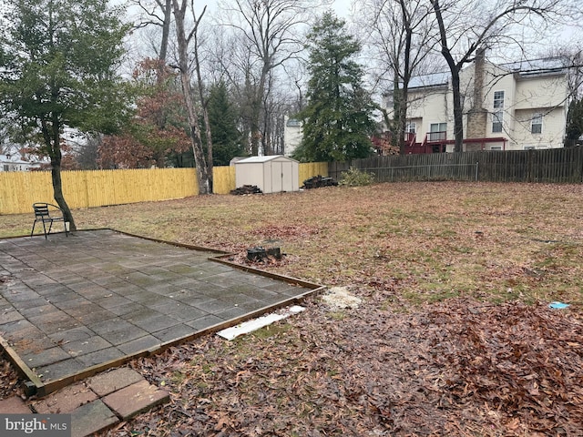 view of yard with a patio and a storage unit