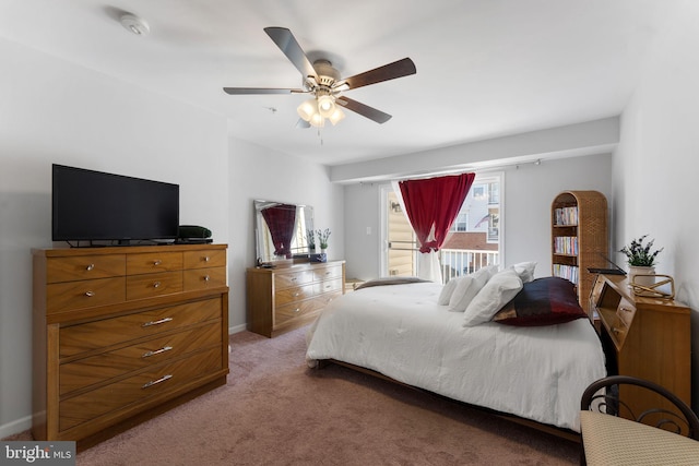 bedroom with light carpet, access to outside, and ceiling fan