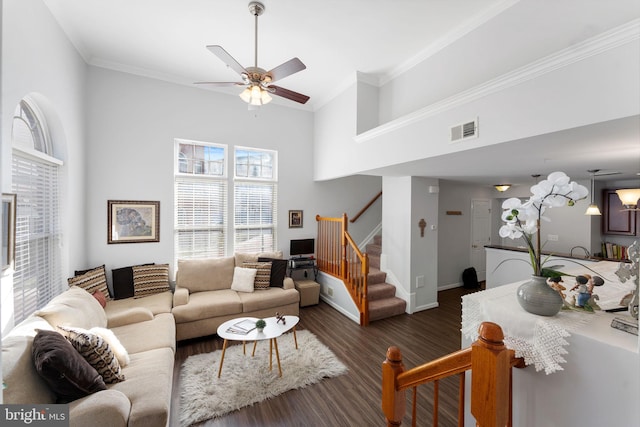 living room featuring ceiling fan, a towering ceiling, ornamental molding, and dark hardwood / wood-style flooring