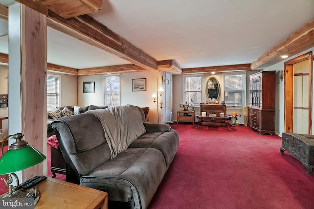 living room featuring carpet floors and beamed ceiling