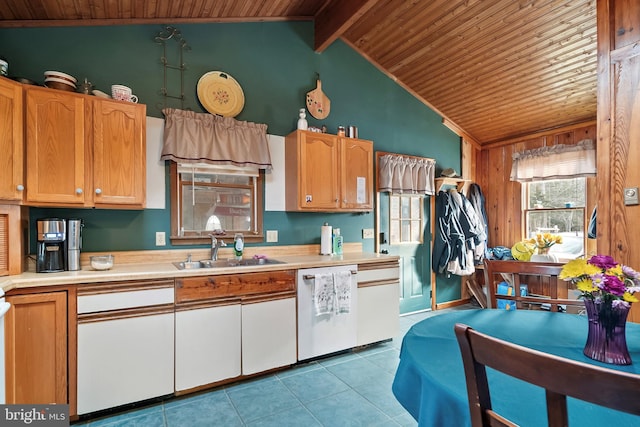 kitchen with sink, wood ceiling, vaulted ceiling with beams, and dishwasher