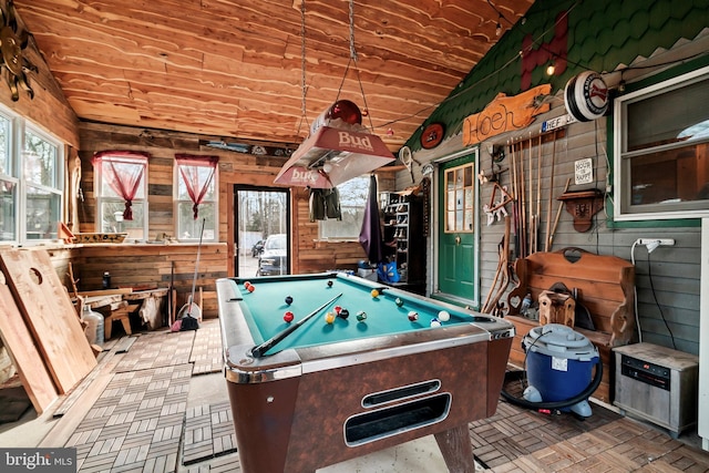 recreation room with lofted ceiling, wood ceiling, wooden walls, and billiards