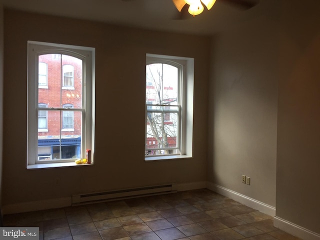 unfurnished room featuring a wealth of natural light, a baseboard radiator, and ceiling fan