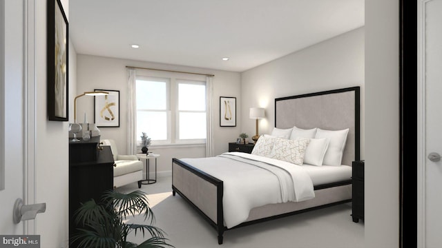 bedroom featuring recessed lighting and light carpet