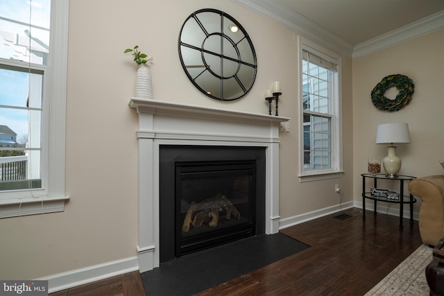 living room with wood-type flooring and ornamental molding