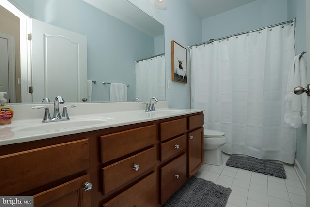 bathroom featuring vanity, tile patterned flooring, and toilet