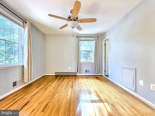 spare room with ceiling fan, light hardwood / wood-style flooring, and a baseboard heating unit