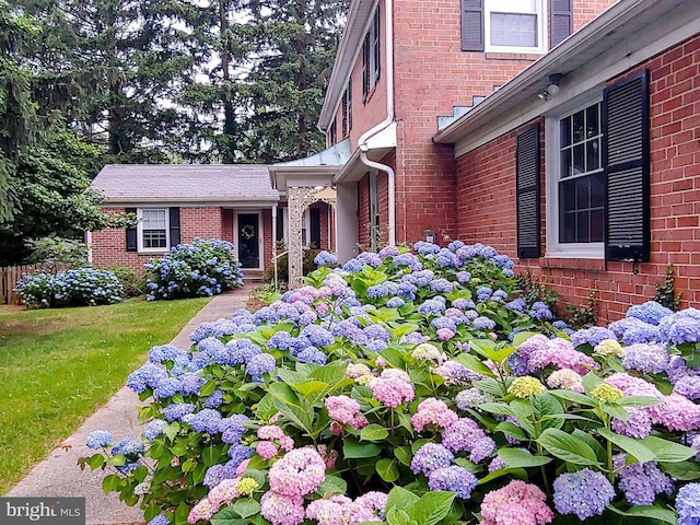 property entrance featuring a lawn