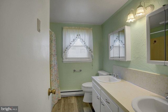 bathroom featuring a baseboard radiator, wood-type flooring, vanity, and toilet