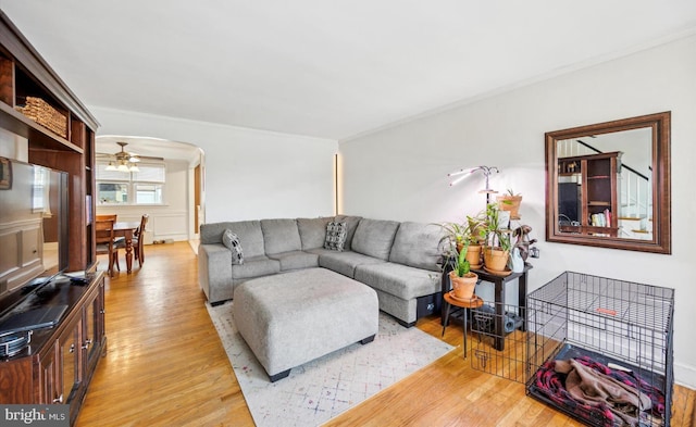 living room with ornamental molding, ceiling fan, and light hardwood / wood-style floors