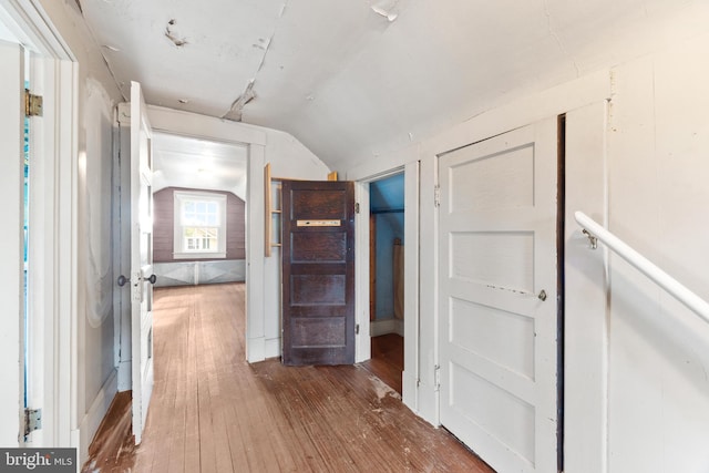 hallway featuring lofted ceiling and hardwood / wood-style floors