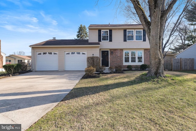 view of front of house with a front lawn, driveway, fence, a garage, and brick siding