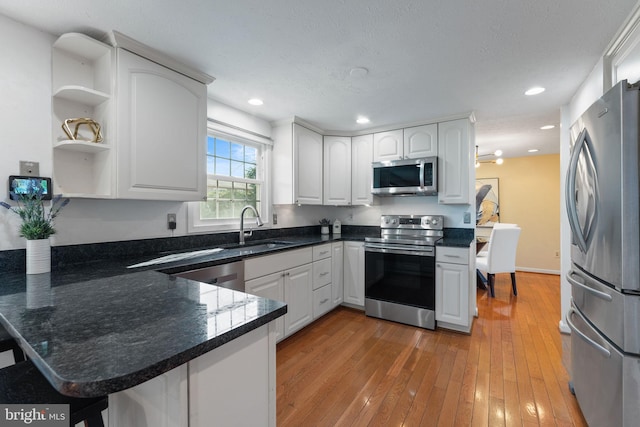 kitchen featuring a sink, a peninsula, stainless steel appliances, white cabinetry, and open shelves