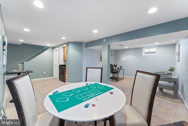 playroom with recessed lighting, baseboards, and carpet floors