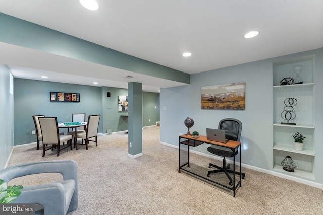 office area with built in features, baseboards, recessed lighting, and carpet flooring