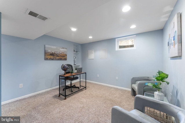 office with visible vents, recessed lighting, baseboards, and carpet floors