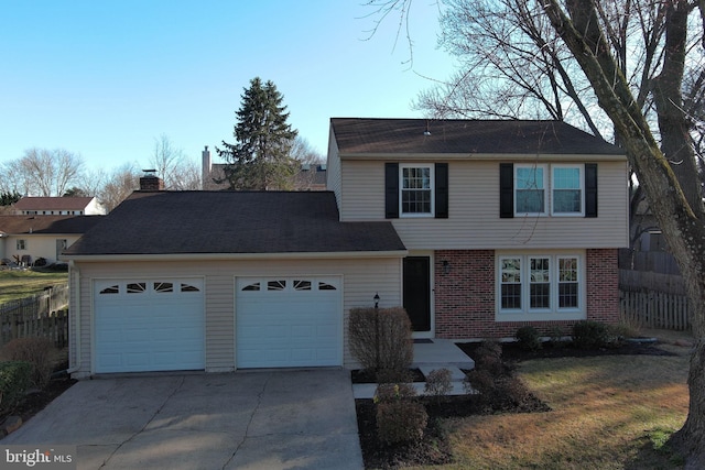 view of front of property with brick siding, driveway, a garage, and fence