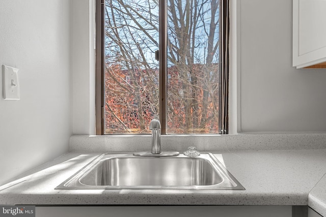 interior details featuring white cabinetry and sink