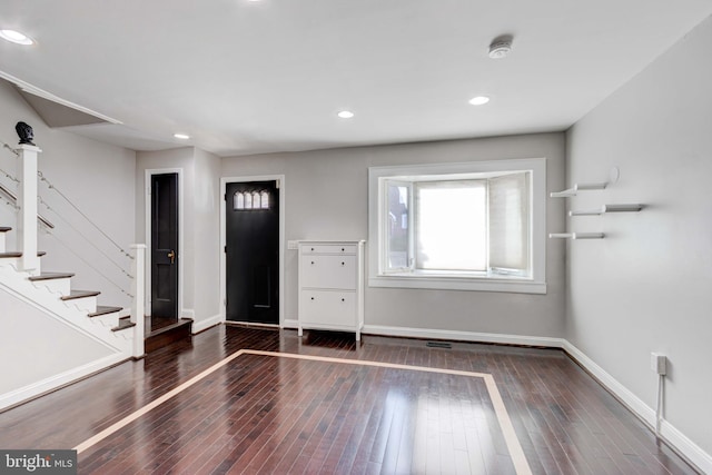 127 Cherrydell, Catonsville, MD 21228 - foyer entrance featuring visible vents, baseboards, dark wood finished floors, stairway, and recessed lighting