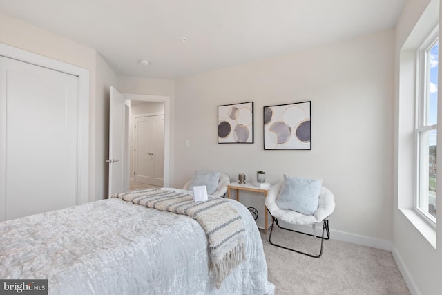 bedroom featuring light colored carpet and multiple windows