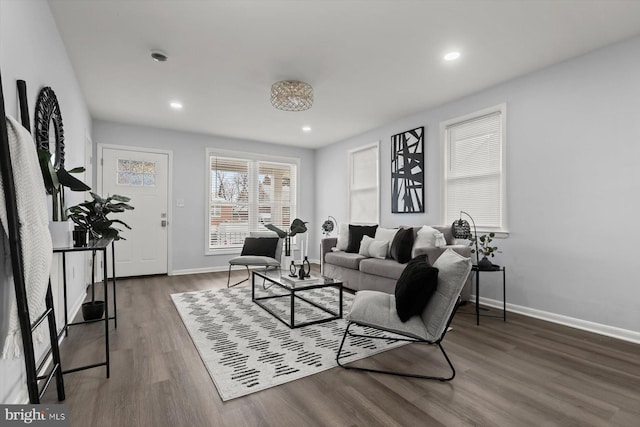 living room with dark hardwood / wood-style floors