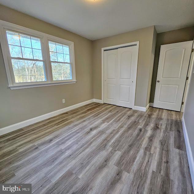 unfurnished bedroom with light hardwood / wood-style flooring and a closet