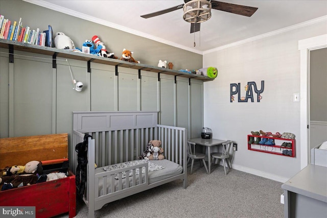 carpeted bedroom with ornamental molding