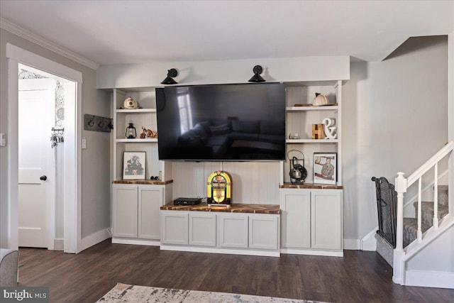 living room featuring dark wood-type flooring