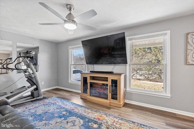 living room with wood-type flooring and ceiling fan