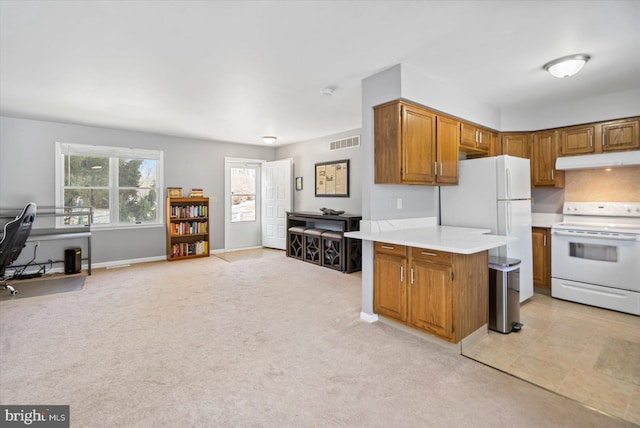 kitchen with white appliances and light carpet