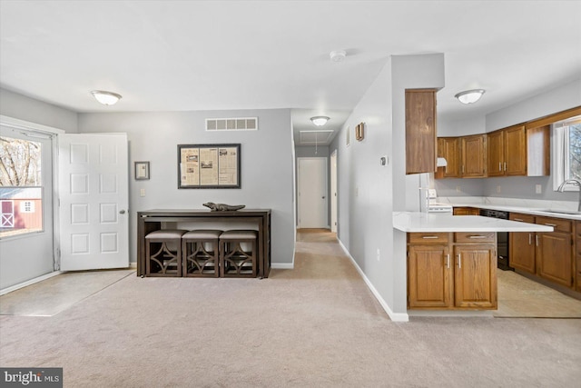 kitchen with light carpet, sink, and dishwasher