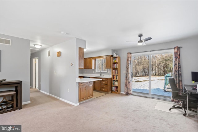 kitchen featuring sink, light colored carpet, and ceiling fan