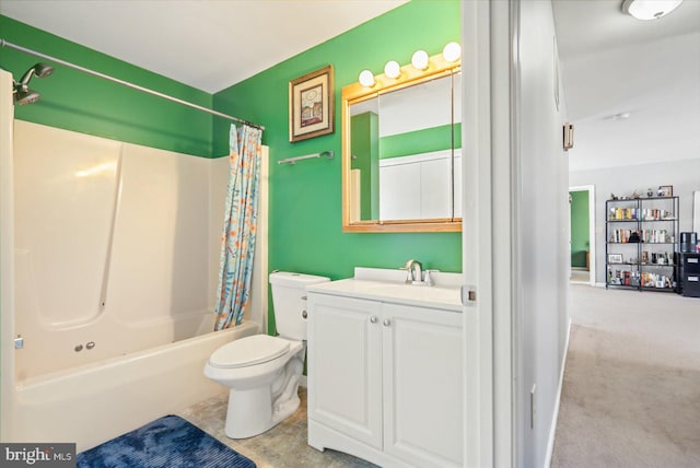 full bathroom with vanity, shower / bathtub combination with curtain, and toilet